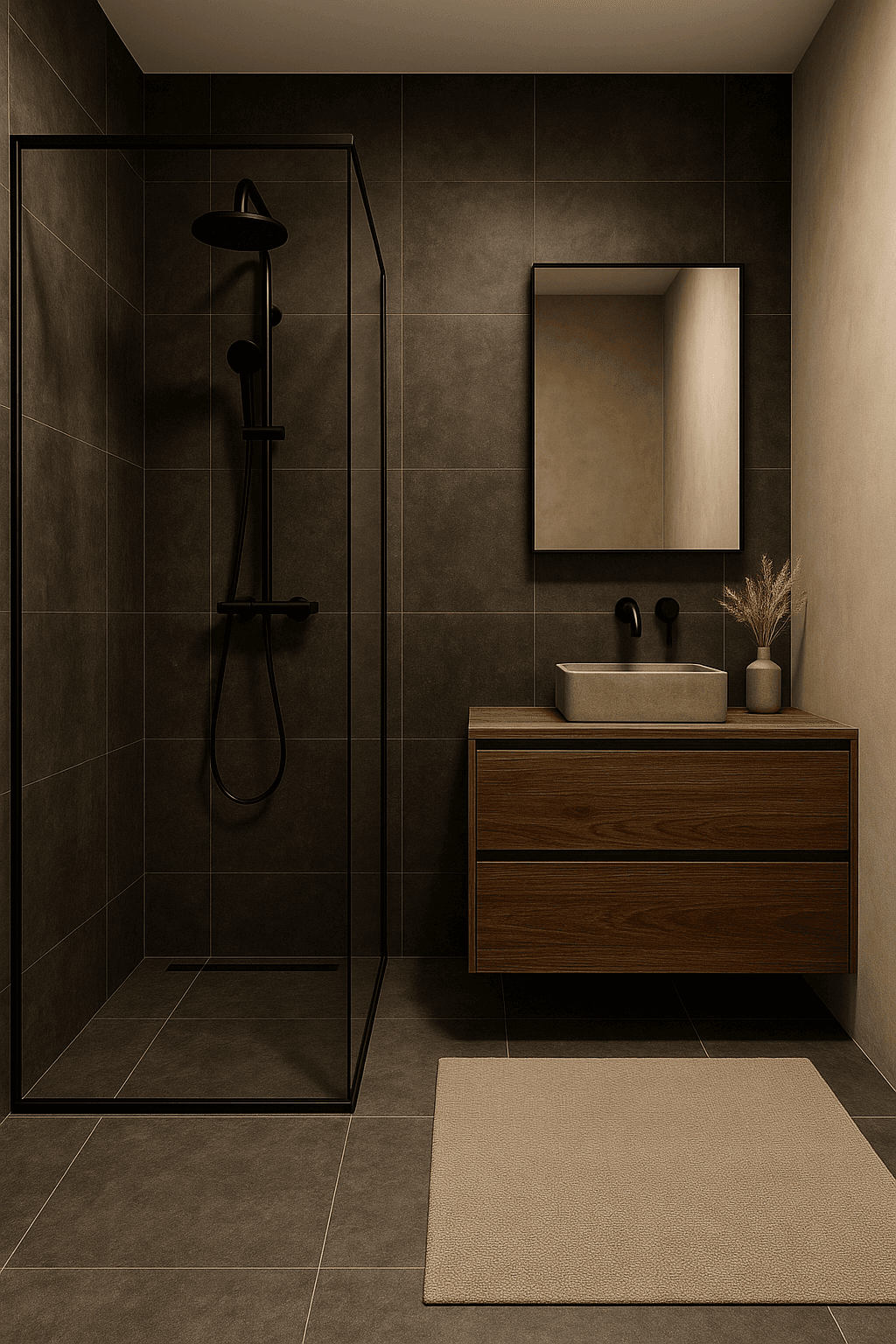 Japandi bad – mørk eik og sort krom 2