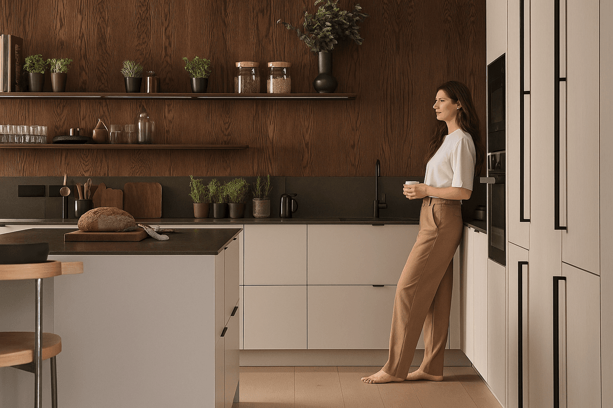 Lyst kjøkken med varme toner