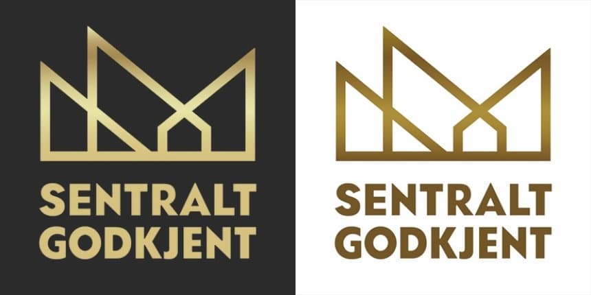 Det offisielle godkjenningsmerket for sentral godkjenning fra DiBK. Gullkrone med teksten Sentralt Godkjent, vist på mørk og lys bakgrunn.