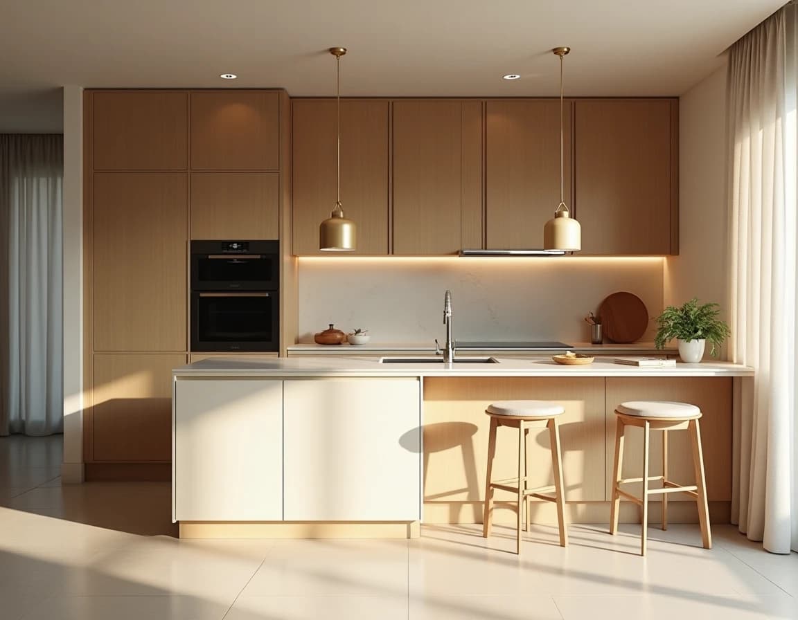 Moderne kjøkken med lys eik fronter, kremfarget benk og messing håndtak.