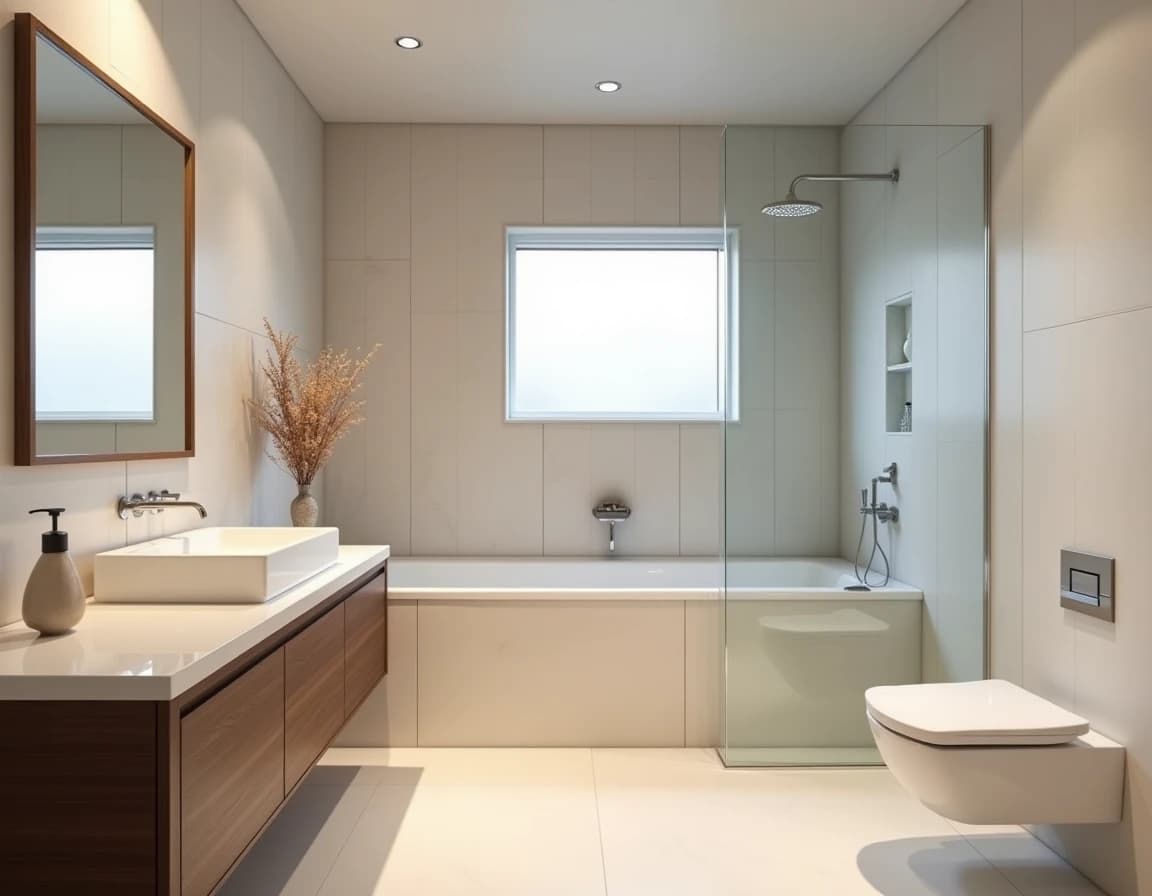 Japandi bad med nær-hvite vegger, usleifet tre servant og uglasert keramikk.