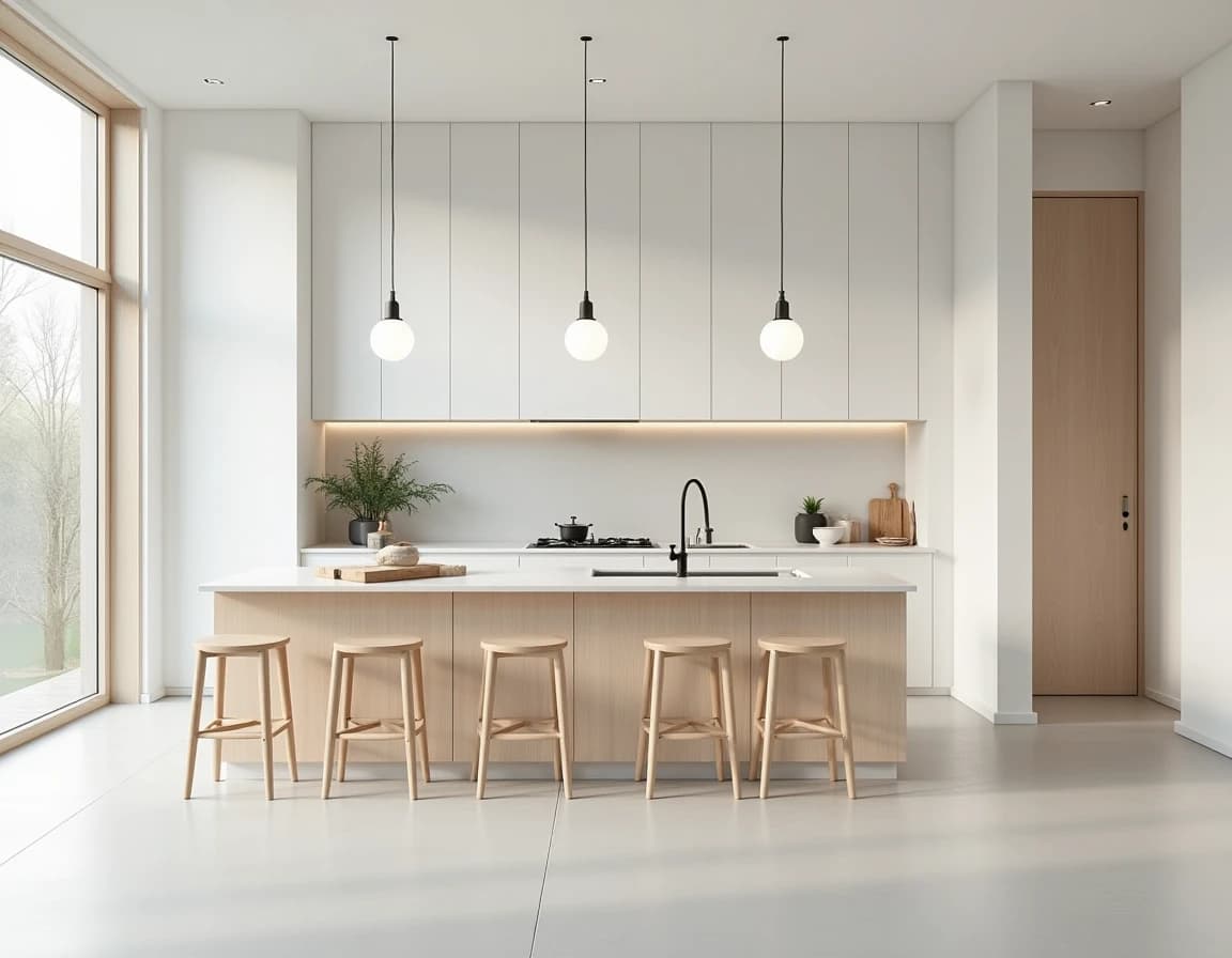 Skandinavisk kjøkken med hvite matte fronter, lyst eik på hyller og børstet stålbenk.