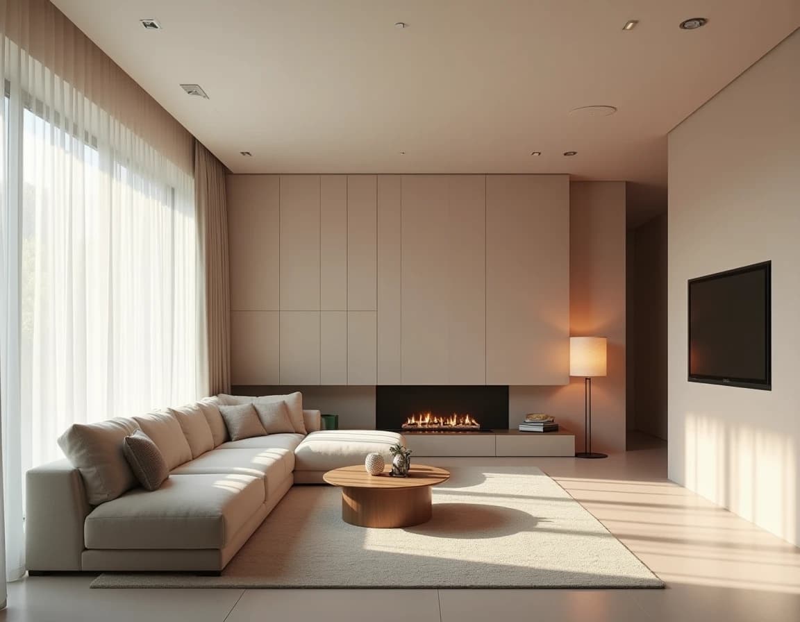 Minimalistisk stue med pastellvegg i salvie, kremfargede møbler og polert betonggulv.