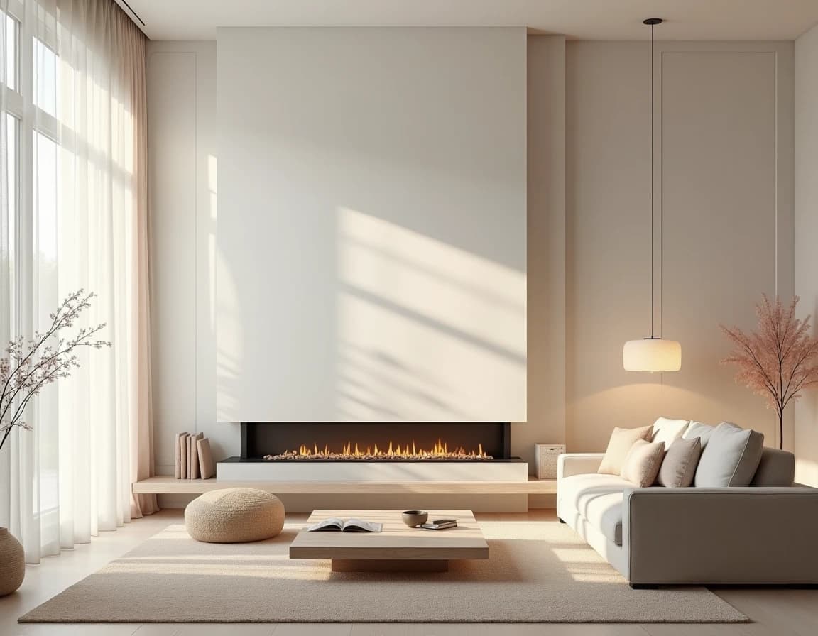 Skandinavisk stue med salviefarget vegg, kremfarget sofa og lyst eiktrebord.