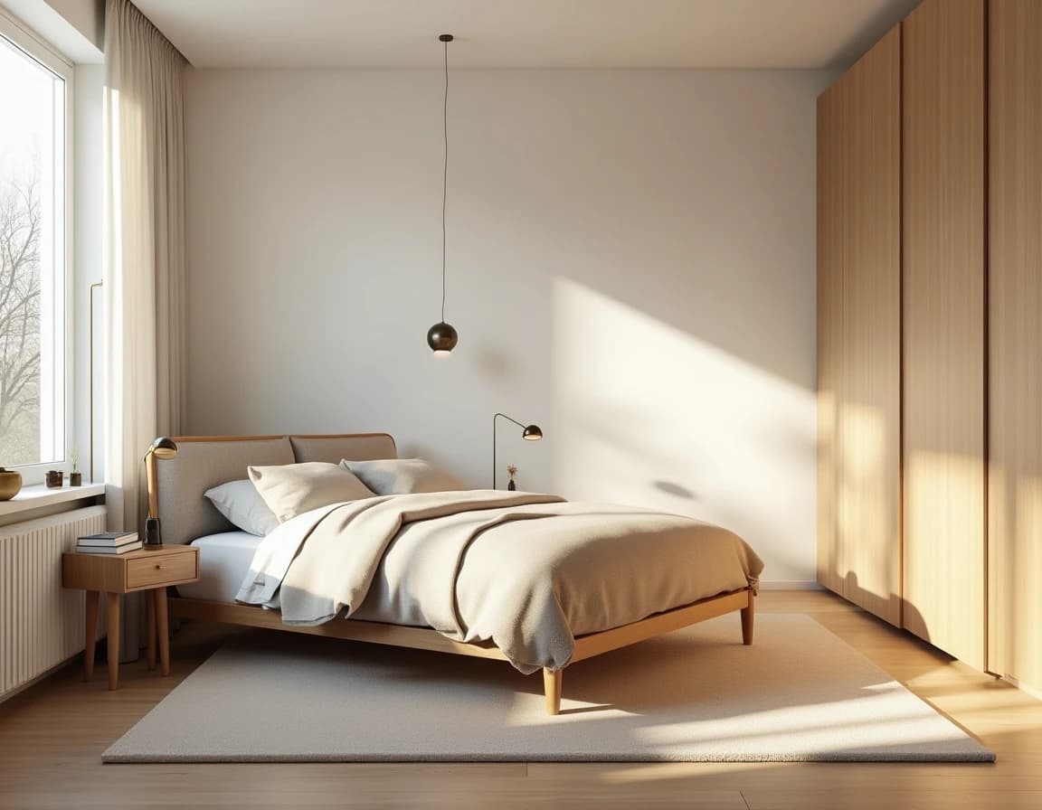 Skandinavisk soverom med lys eik-sengegavl, kremfargede vegger, lin og messinglamper.