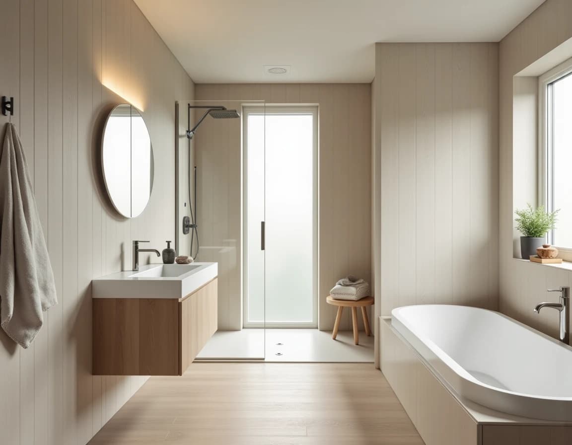 Minimalistisk bad med lys eik, kremfarget vegg, messingkran og åpen lindukholder.
