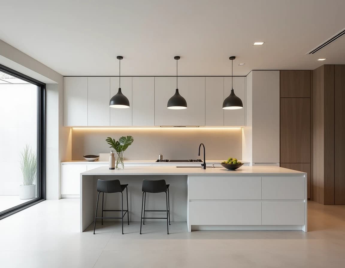 Moderne kjøkken med hvite matte fronter, betongteksturer og minimalistisk pendellampe.