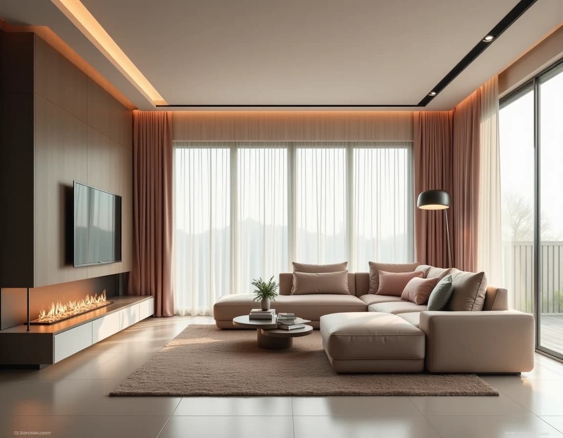 Moderne stue med salvie vegger, rosa sofa og kremfargede pendellamper i minimalistisk design.