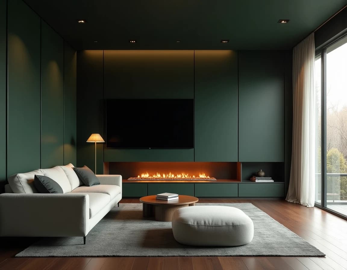 Minimalistisk stue med mørk grønn vegg, sort sofa og messinglampe.