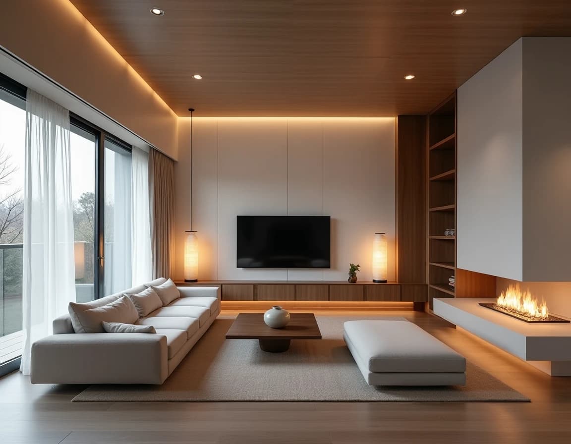 Japandi stue med nær-hvit vegger, lyst tømmermøblement og enkelt keramikkobjekt.