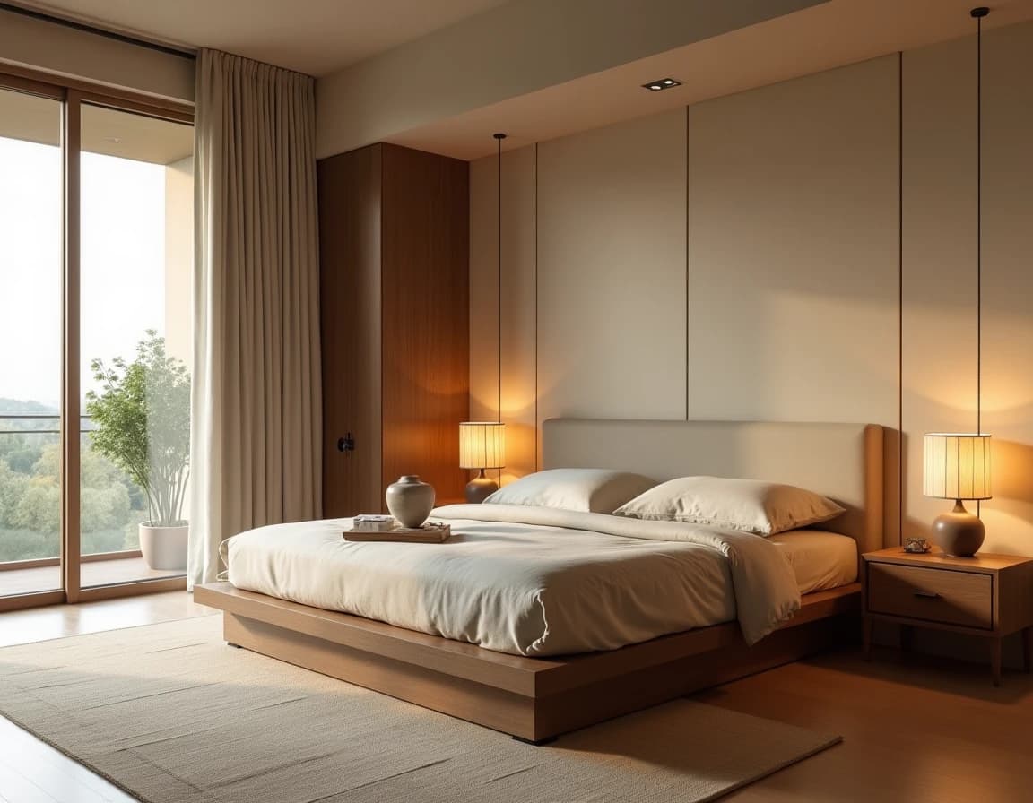 Japandi soverom med lys eik-seng, kremfarget lin og gylne messinglamper.