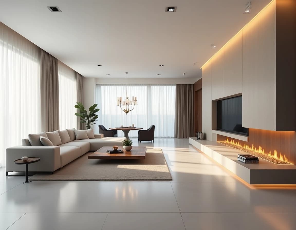 Moderne stue med broken white vegger, råhvit linsofa og polert betonggulv.