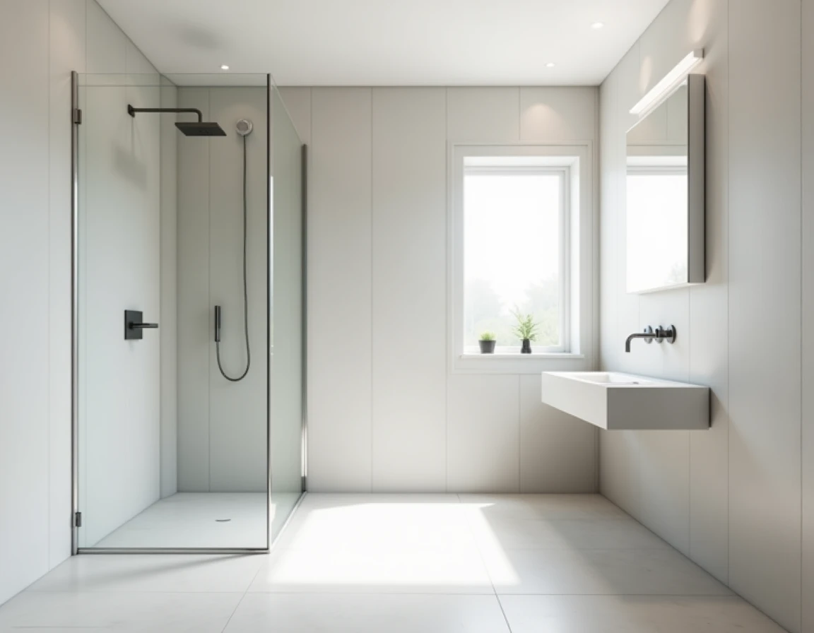 Minimalistisk bad med hvitmalt tre, polert betonggulv og matte hvite profilekker.