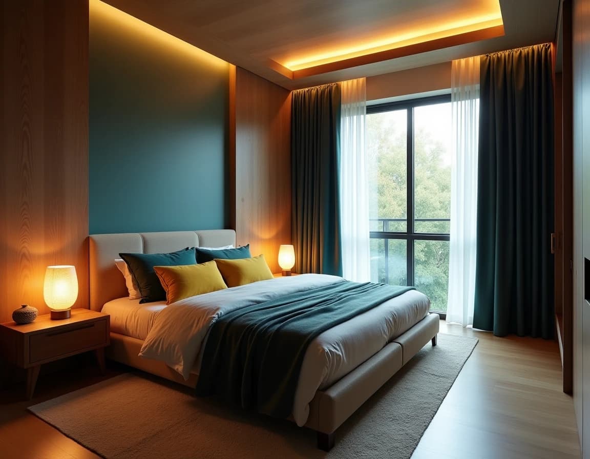 Japandi soverom med dyp marineblå vegg, okergule gardiner og geometriske tekstiler.