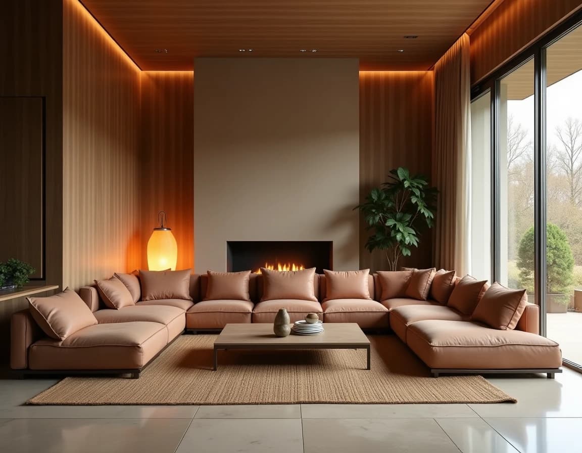 Japandi stue med terrakottavegg, olivengrønne puter, travertinbord og jute-teppe.