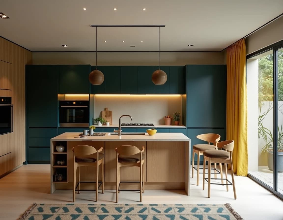 Moderne kjøkken med dyp blå overskap, okerfarget benkeplate og mønstrede tekstiler.