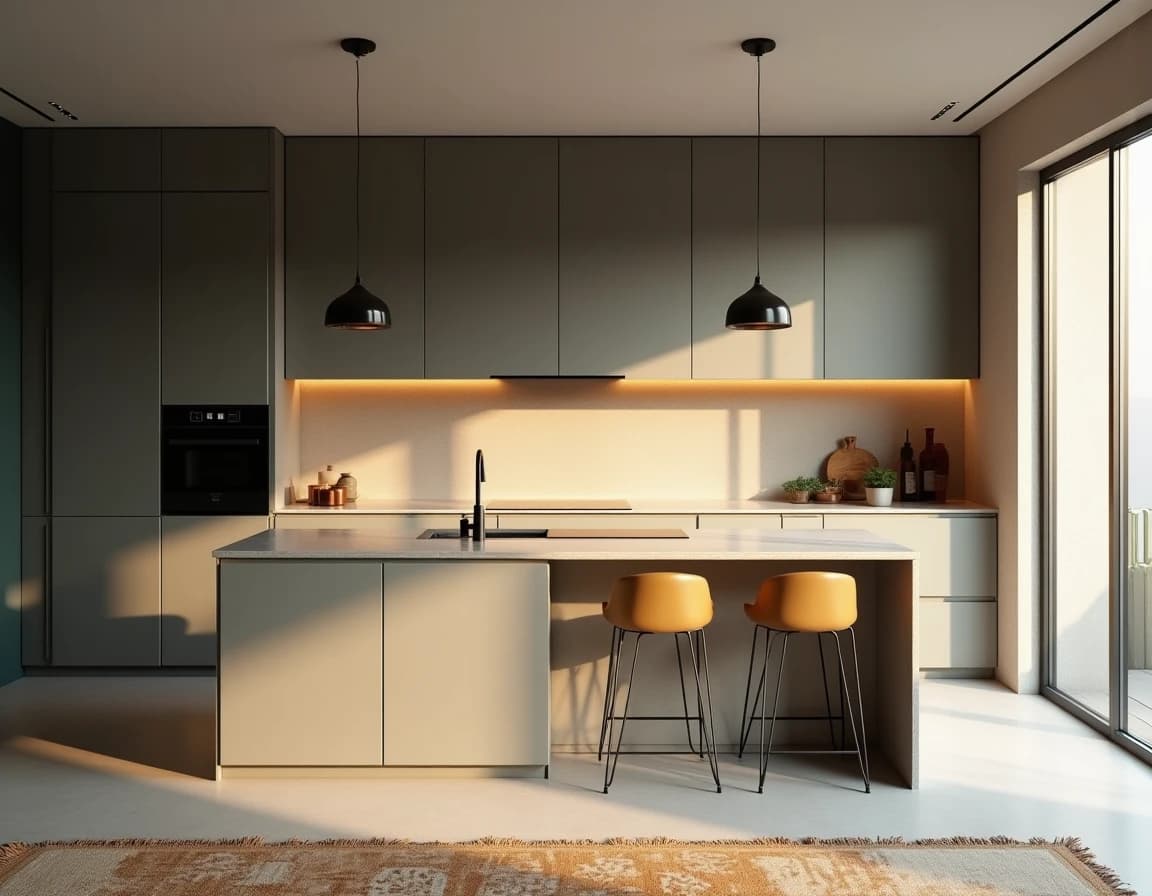 Minimalistisk kjøkken med dypblå vegg, hvit benk, åpne hyller og okertonet keramikk.