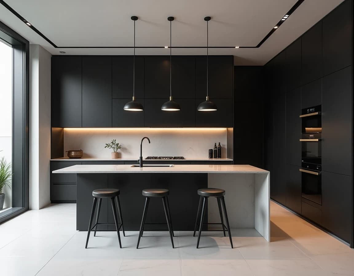 Minimalistisk kjøkken med sort front, hvit benkeplate og messingkran i grafisk kontrast.