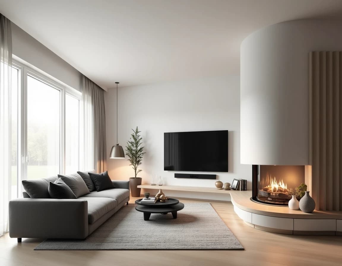 Skandinavisk stue med sort aksentvegg, hvit sofa, lyst trebord og messinglampe.