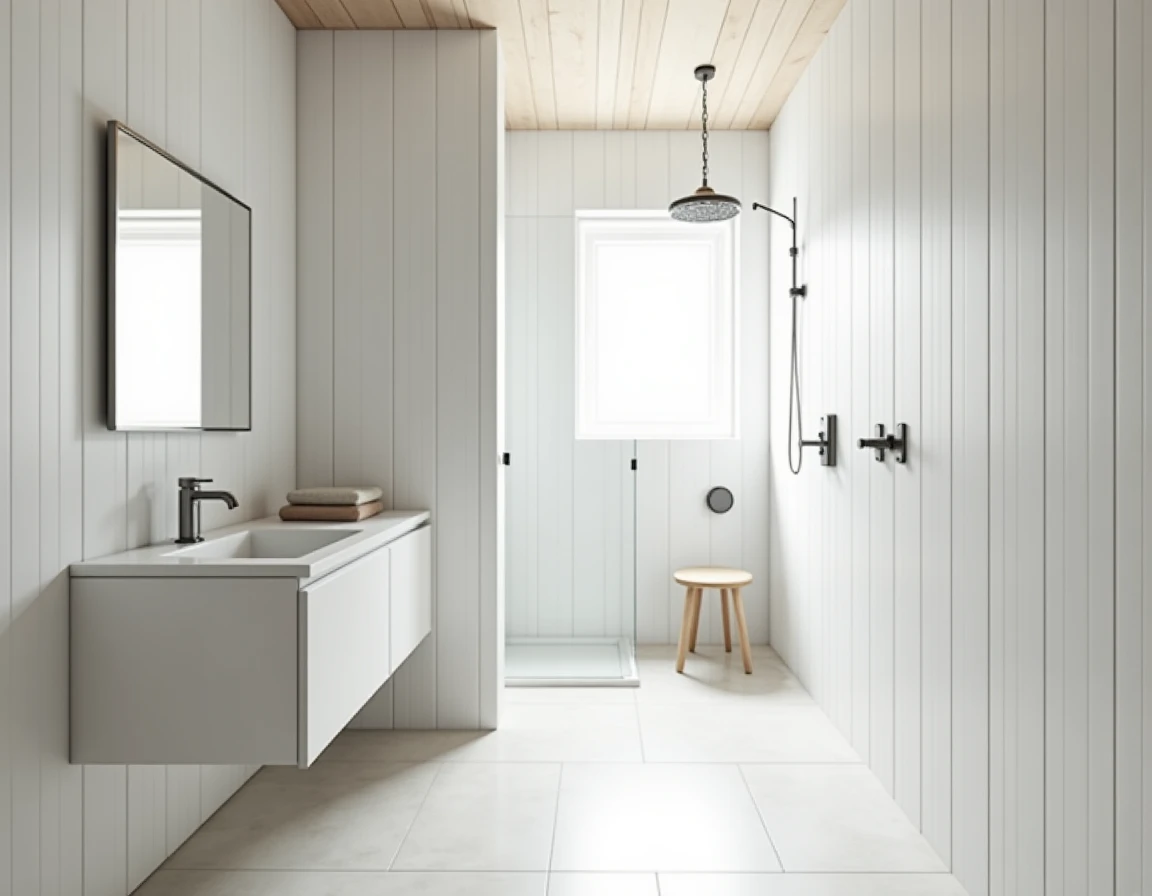 Skandinavisk bad med hvite fliser, lyst tre i speilramme og off-white tekstiler.