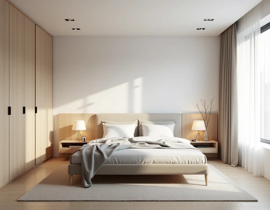 Skandinavisk soverom med hvitmalt vegg, lyst tresengeramme og minimalist interiør.