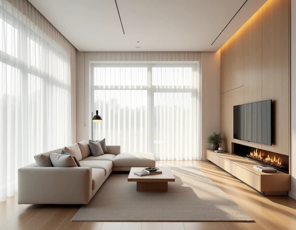 Skandinavisk stue i broken white med lyst treord og minimalistisk keramikkvase.