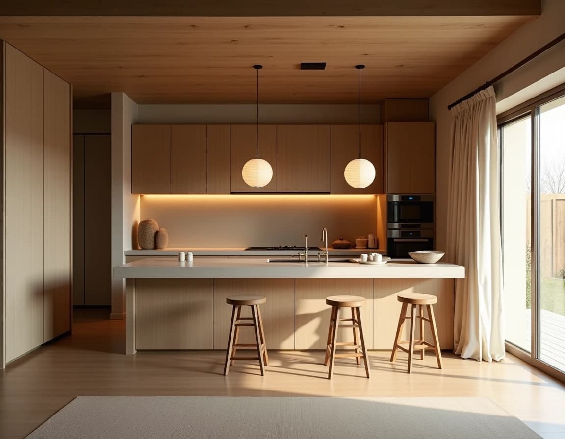 Japandi kjøkken med lys eik-front, krembenkeplate, gylne messingdetaljer og lin-lampe.