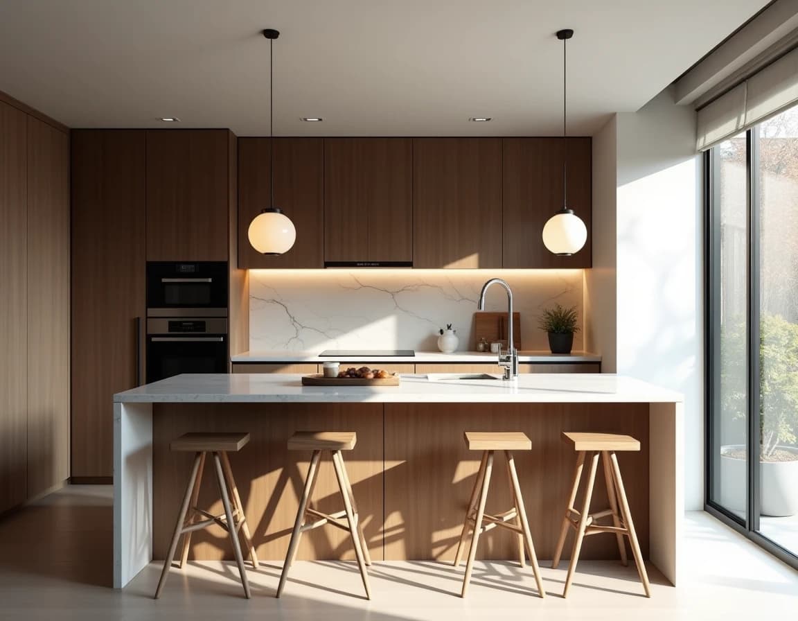 Japandi kjøkken med hvit marmorbenk, børstet stål og myke gråtoner.