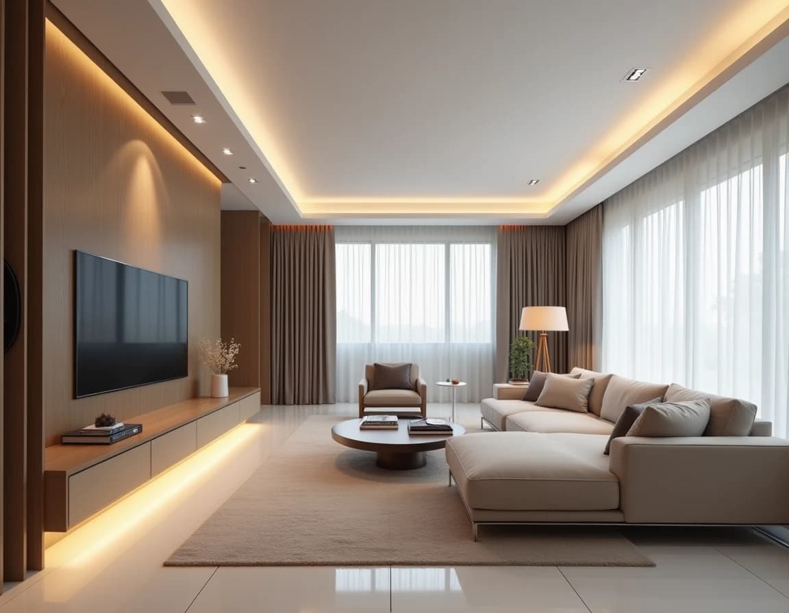 Moderne stue i broken white, off-white sofa og enkelt sort designobjekt.