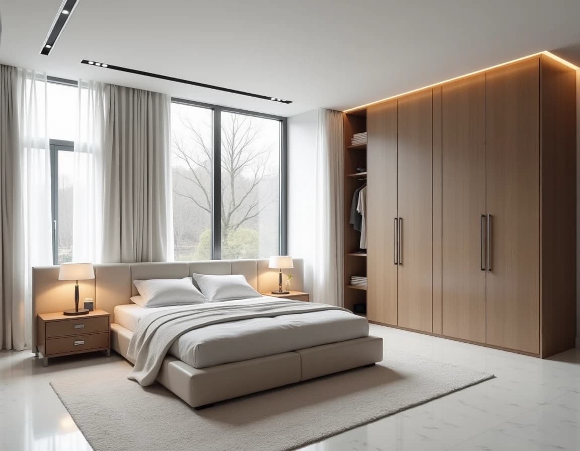 Moderne soverom med hvit marmor, mørkegrå sengetøy og stållamper i kjølig dagslys.