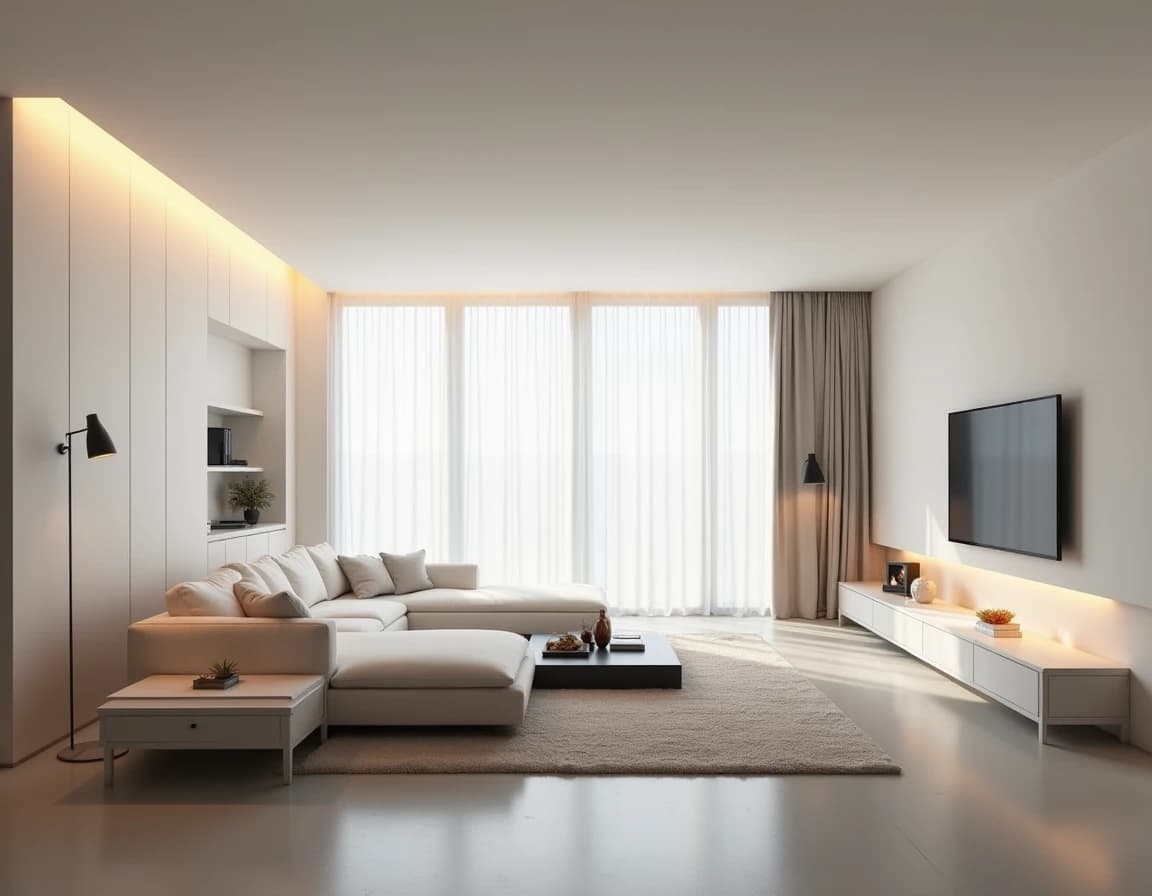 Minimalistisk stue i broken white, polert betonggulv og ruglete lintekstiler.