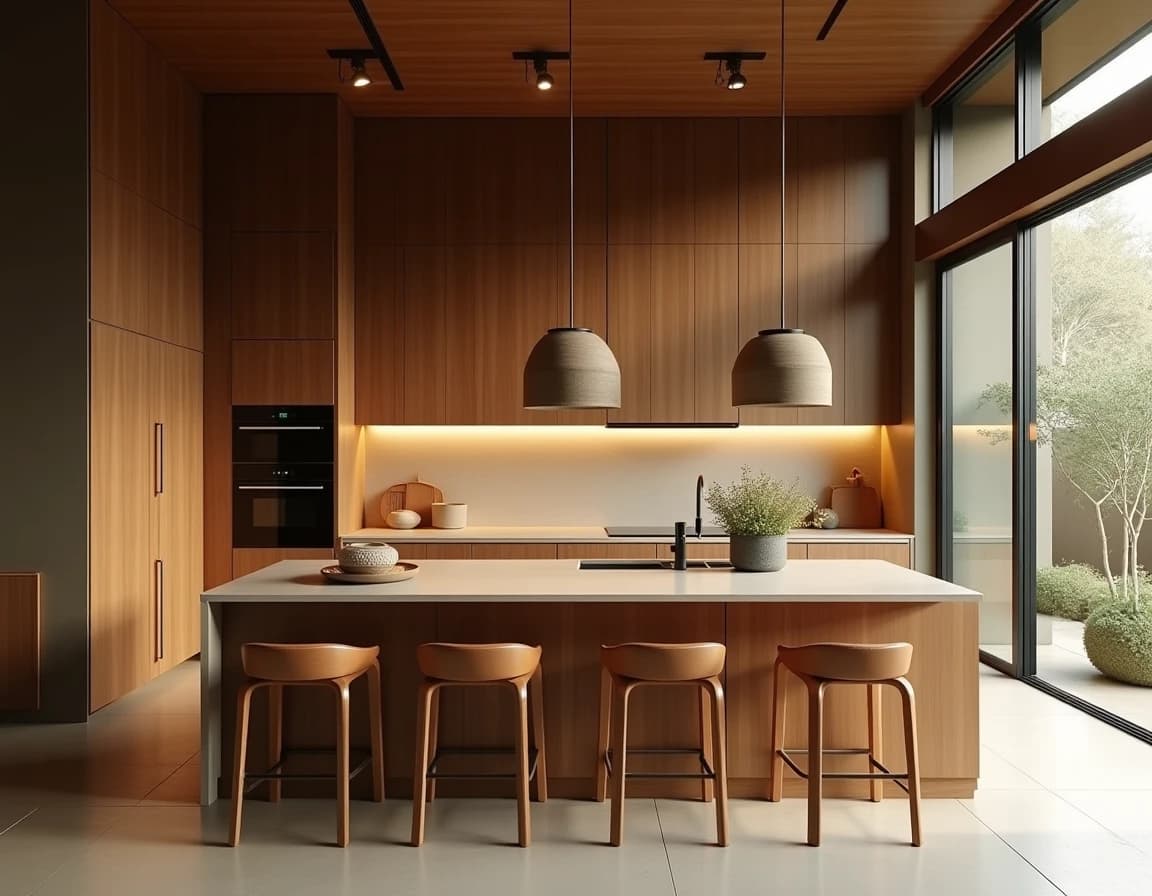 Japandi kjøkken med terrakotta-vegger, oliven fronter og travertin-benkeplate i jordtoner.