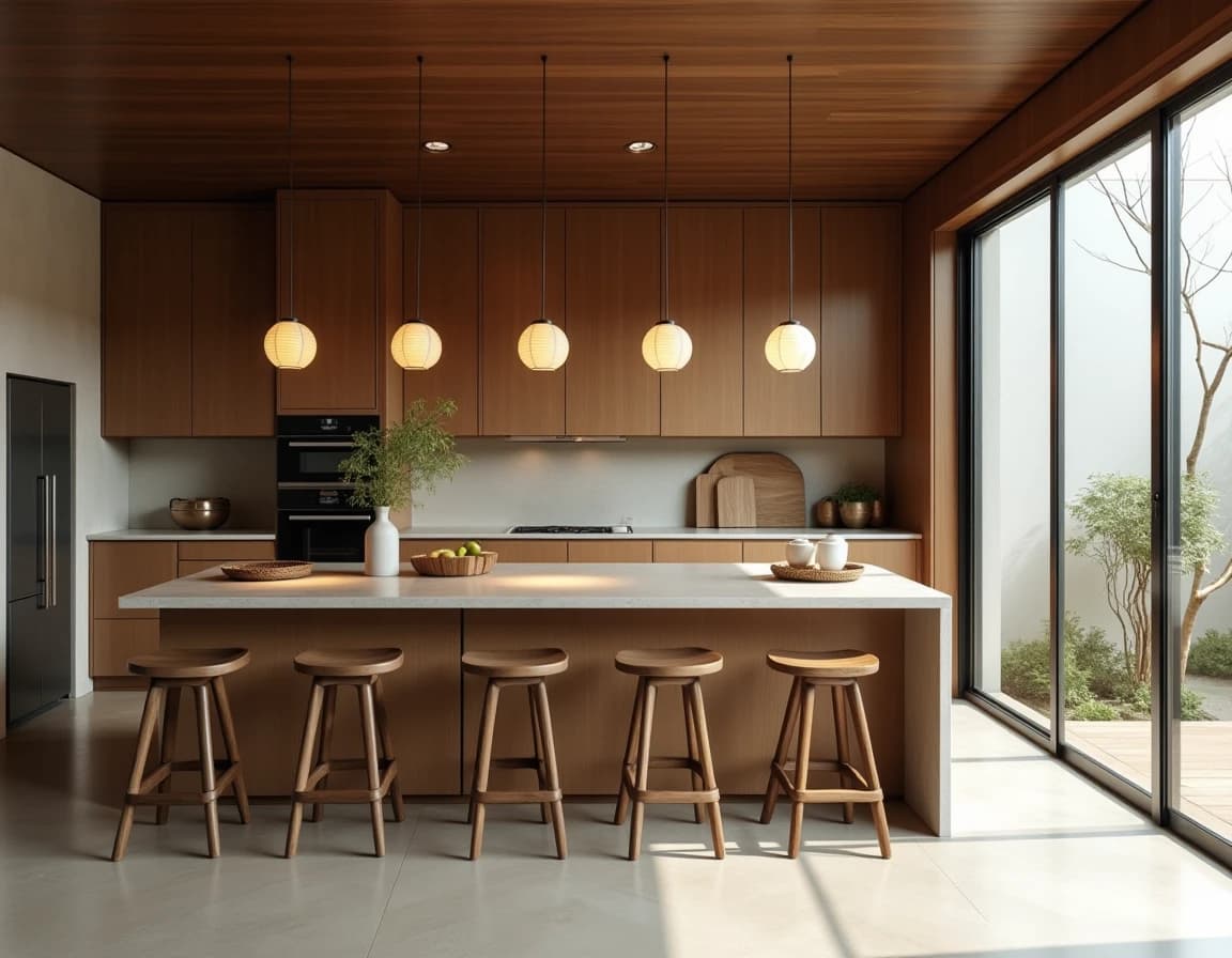 Japandi kjøkken med rå eik, keramikkum, lin og grønn plante.