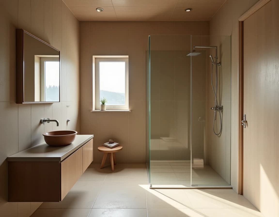 Minimalistisk bad med terrakottafliser, travertinbenk og kalkhakvit vegg.