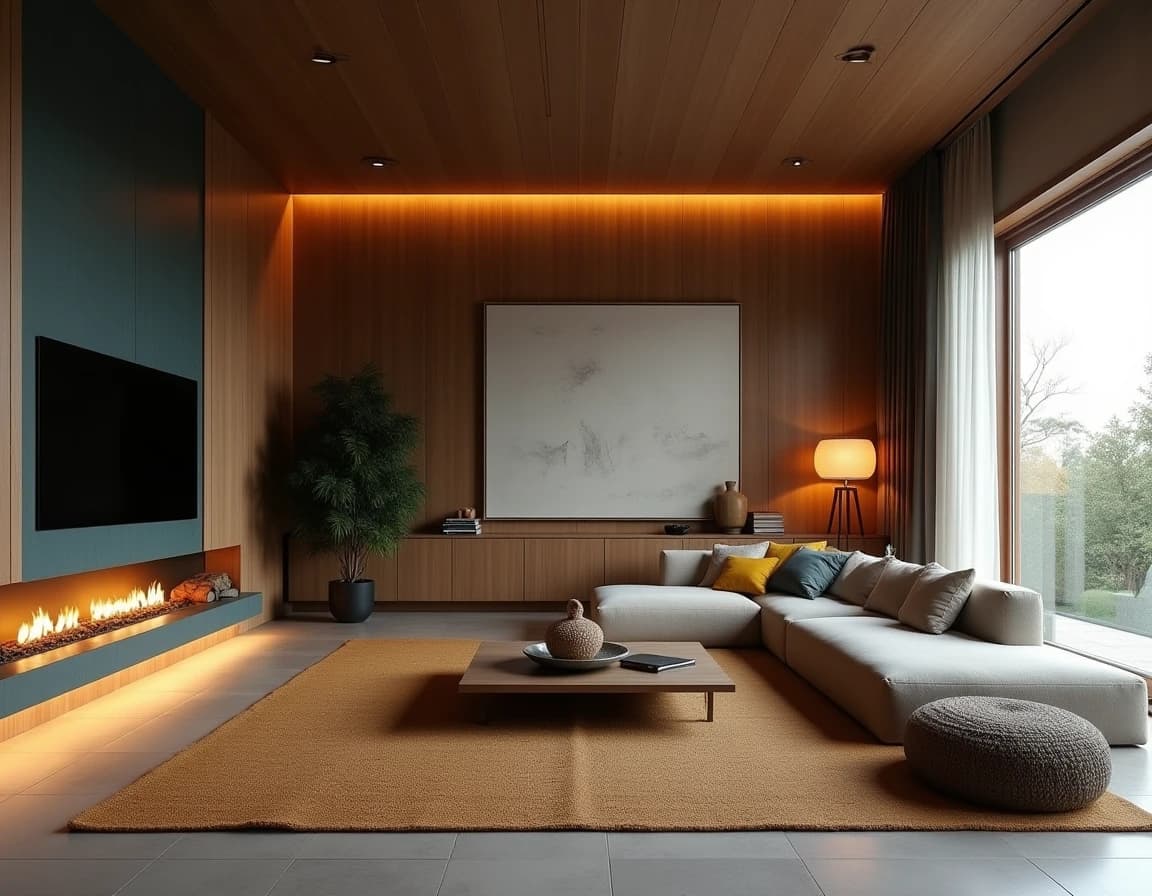 Japandi stue med dyp blå vegg, lav sofa i lin, okergule puter og mønstrede plaider.