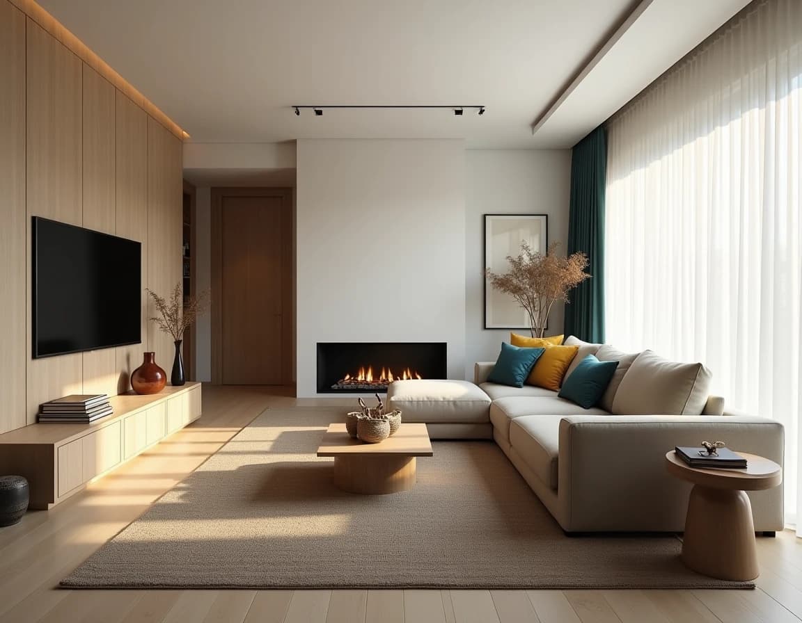 Skandinavisk stue med dyp blå vegg, okergule puter og mønstret lin-plaid.