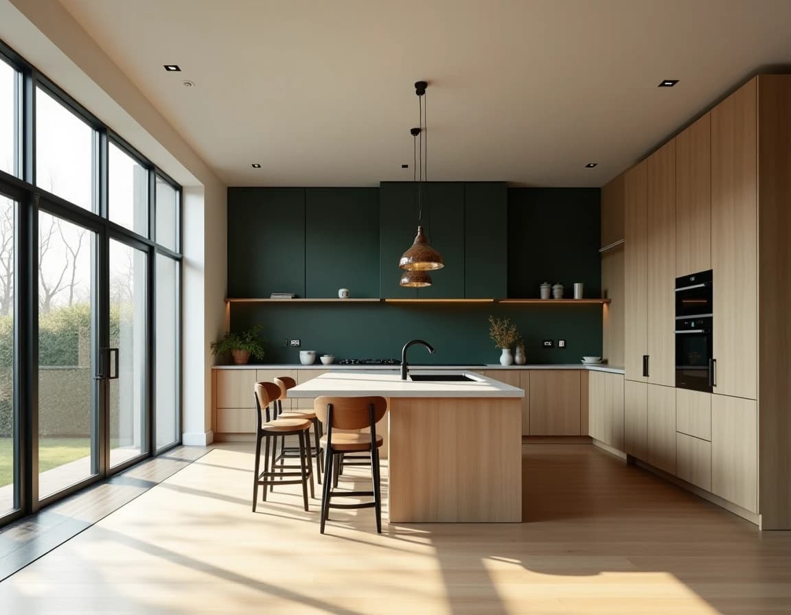 Skandinavisk kjøkken med mørk grøn overskap, lys eik og messingdetaljer.