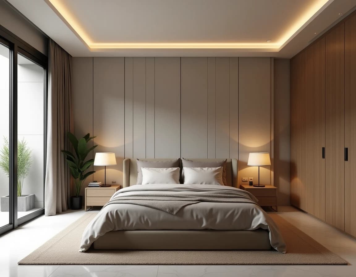 Moderne soverom med rå eik, lin, uglasert keramikk og grønne planter.