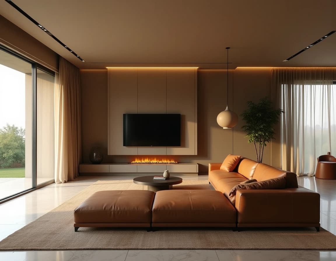 Minimalistisk stue med travertinfliser, olivengrøn sofa og terrakotta-keramikk.