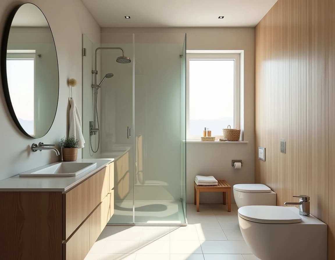 Skandinavisk bad med terrakotta-fliser, travertinbenk og lyst tre i speilramme.