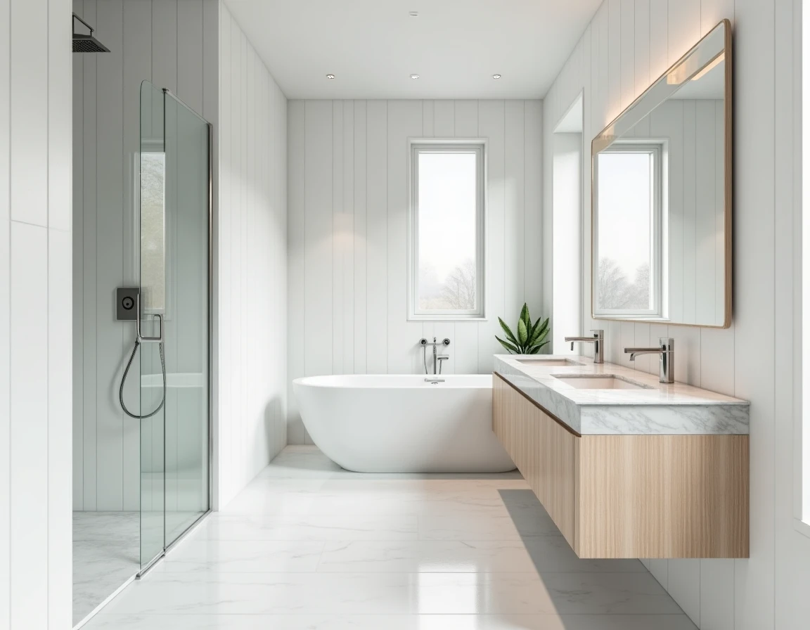 Skandinavisk bad med hvit marmor, matte gråtoner og børstet stålarmatur.