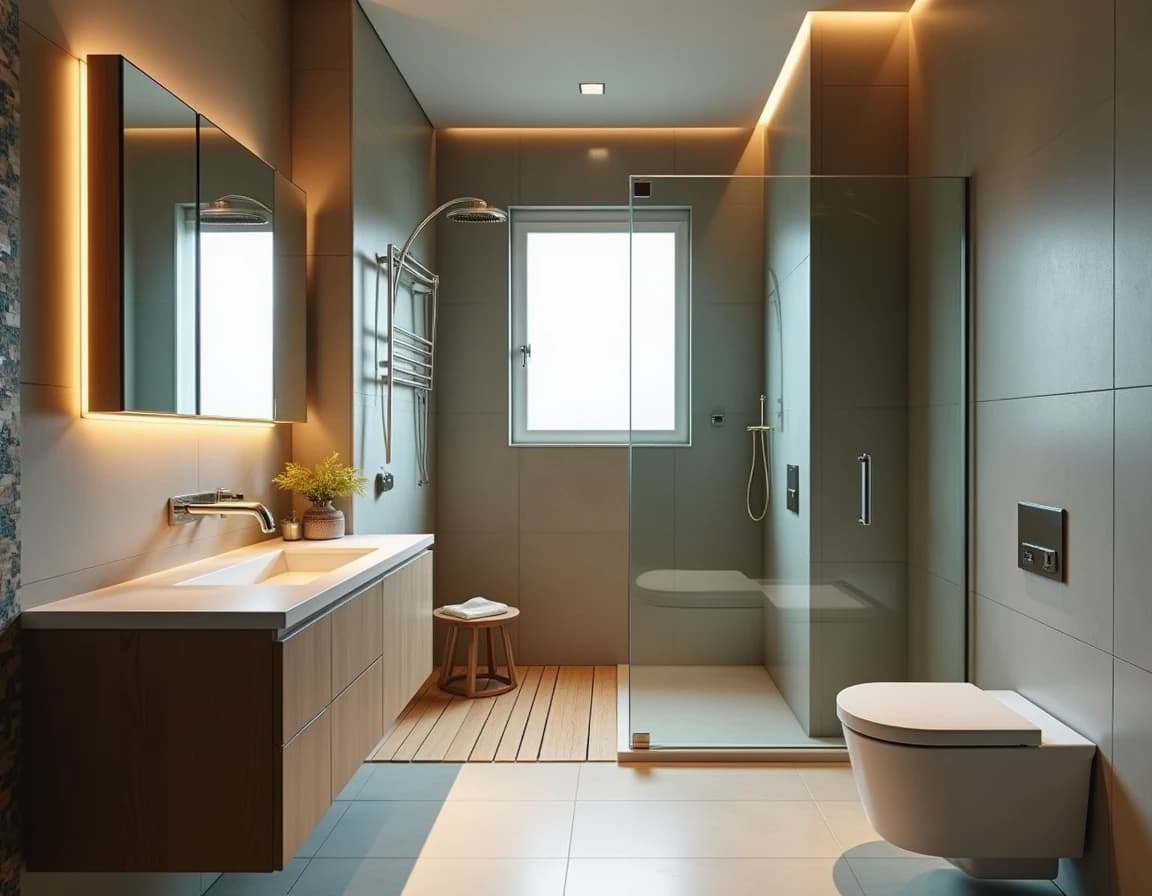 Moderne bad med dypblå vegg, okergul terrazzo og geometrisk mønstret linstoff.