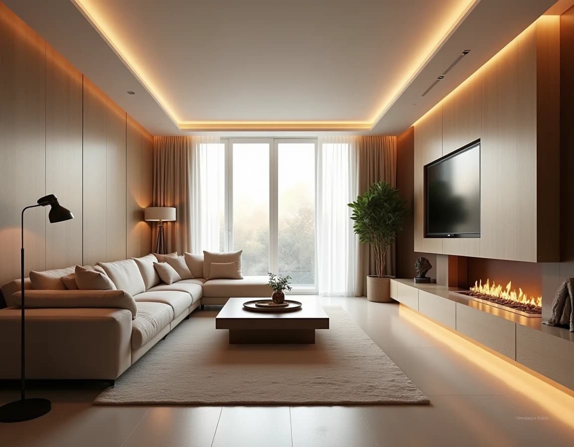 Moderne stue med lys eik, kremfarget sofa og messinglampe i varmt dagslys.