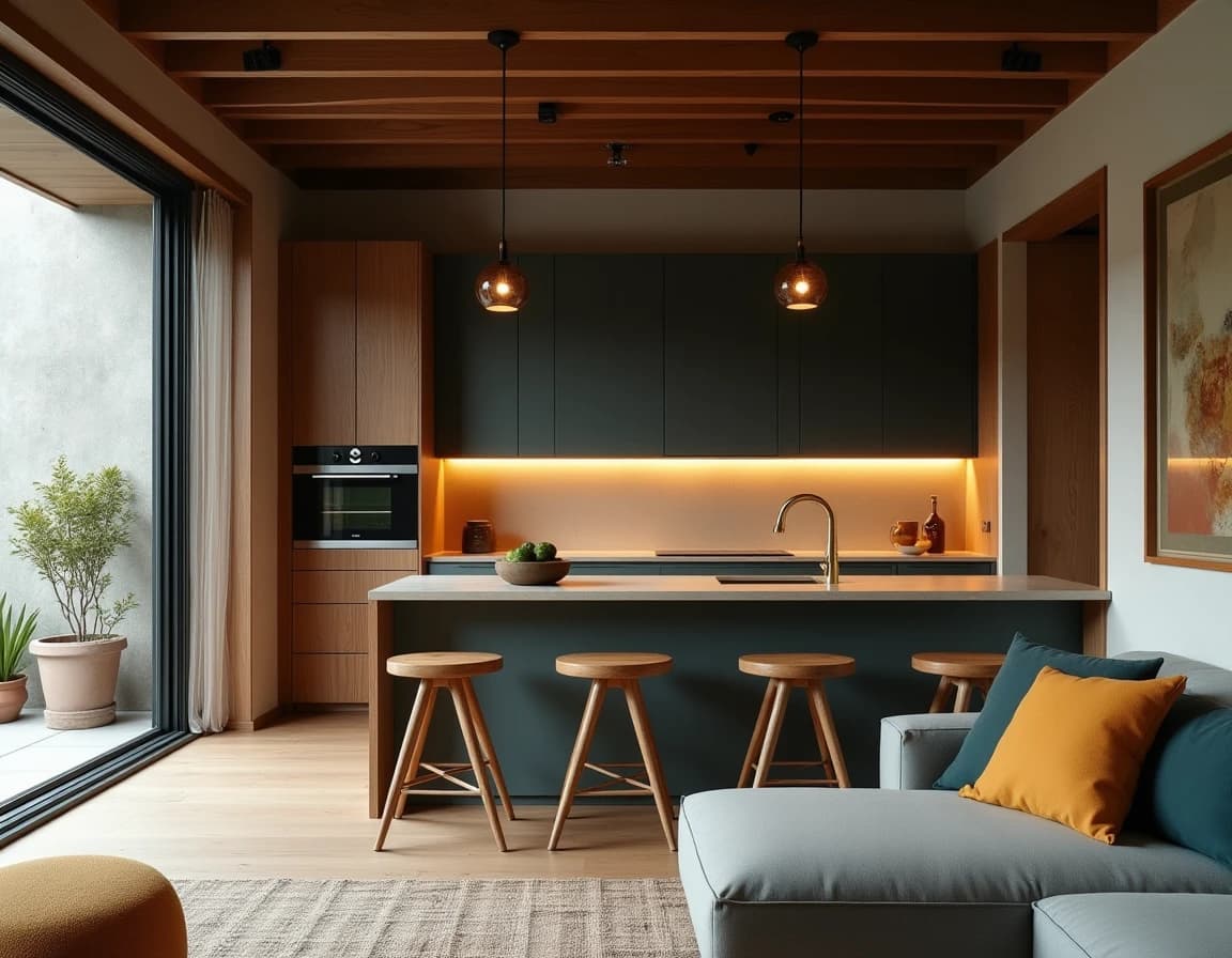 Japandi kjøkken med dyp marineblå overskap, eikbenk, okergule tekstiler og uglasert keramikk.