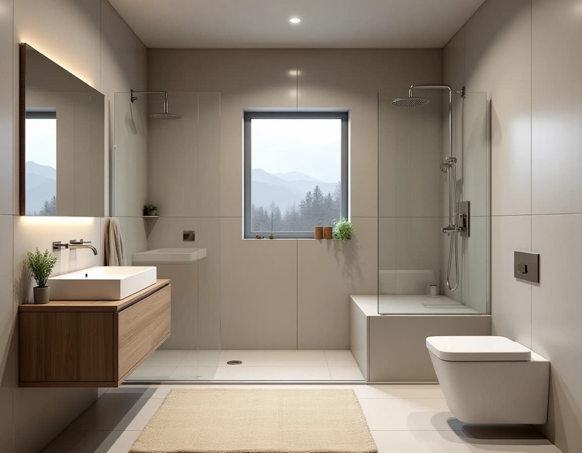 Moderne bad med rå eik, uglaserte keramikkfliser, linhandkle og grønne planter.