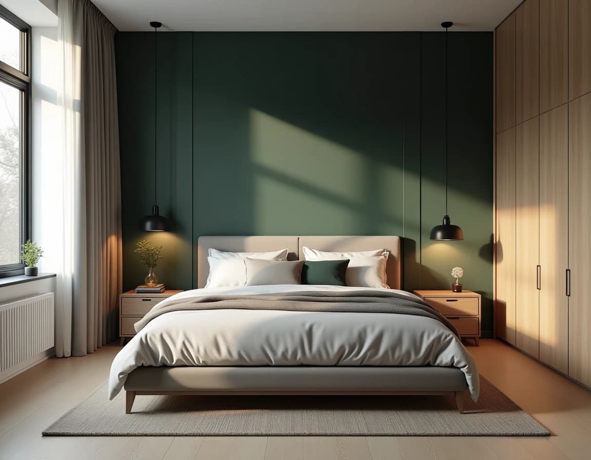 Skandinavisk soverom med mørk grønn vegg, lyst tre og messingvegglamper.