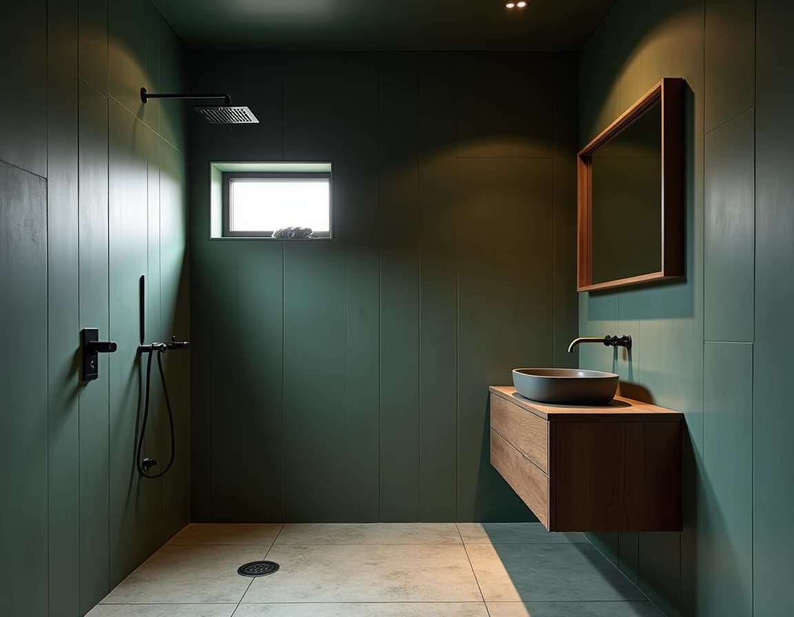 Japandi bad med mørk grønn vegg, hvit badekar, messing og uglasert keramikk.