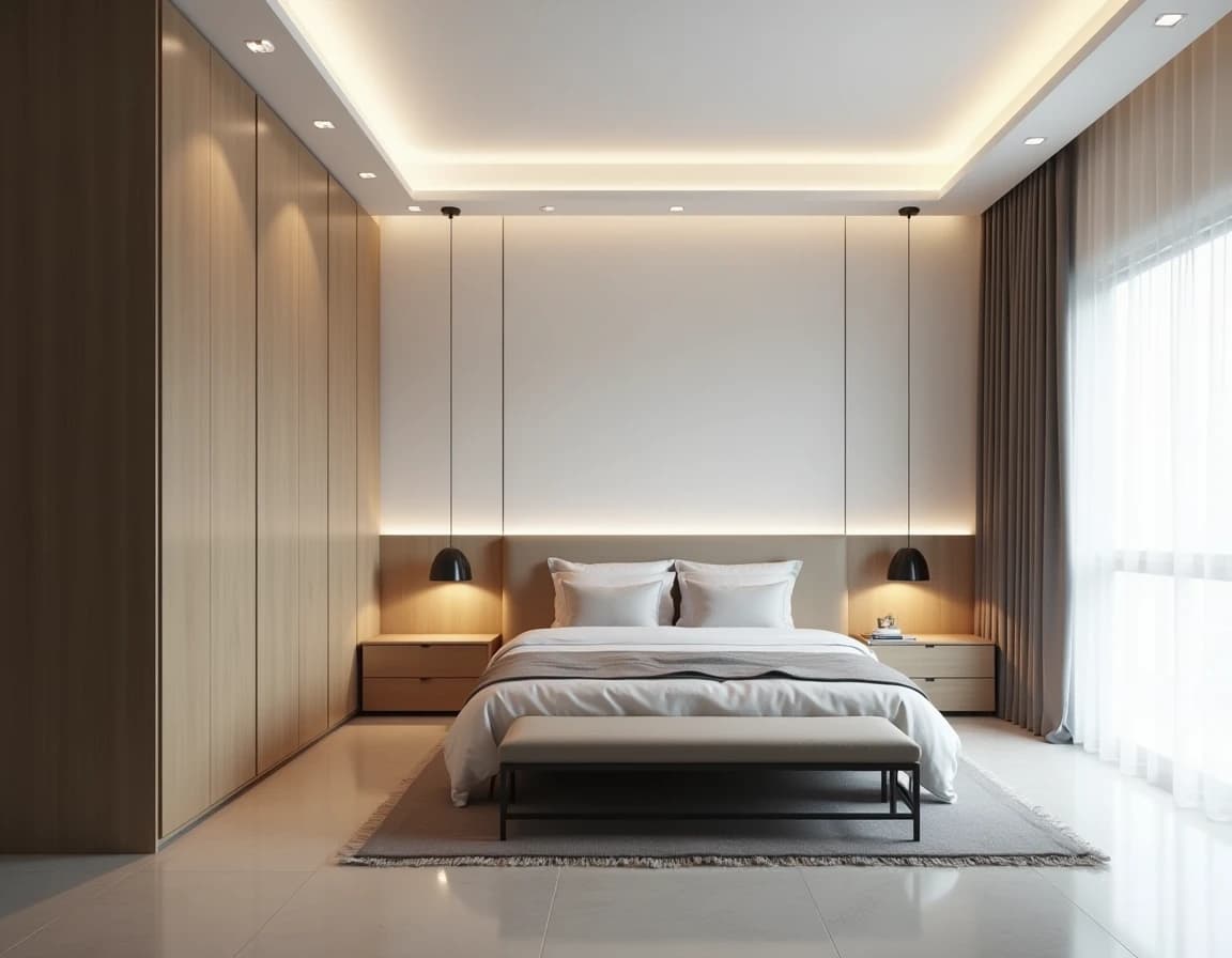 Moderne soverom med hvite vegger, kremfarget sengetøy og naturlig bomullsteppe.