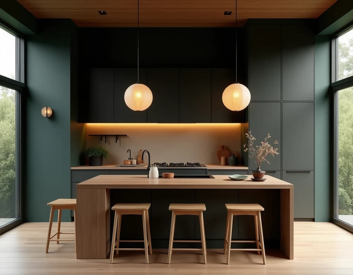 Japandi kjøkken med mørk grønnmalt vegg, eik og messingkran i varmt lys.