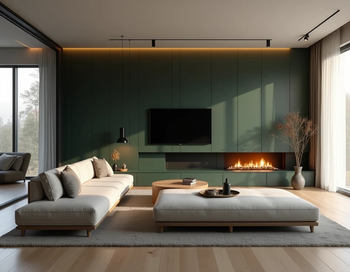 Skandinavisk stue med mørk grønn vegg, lys eik-bord, linsofa og messinglamper.